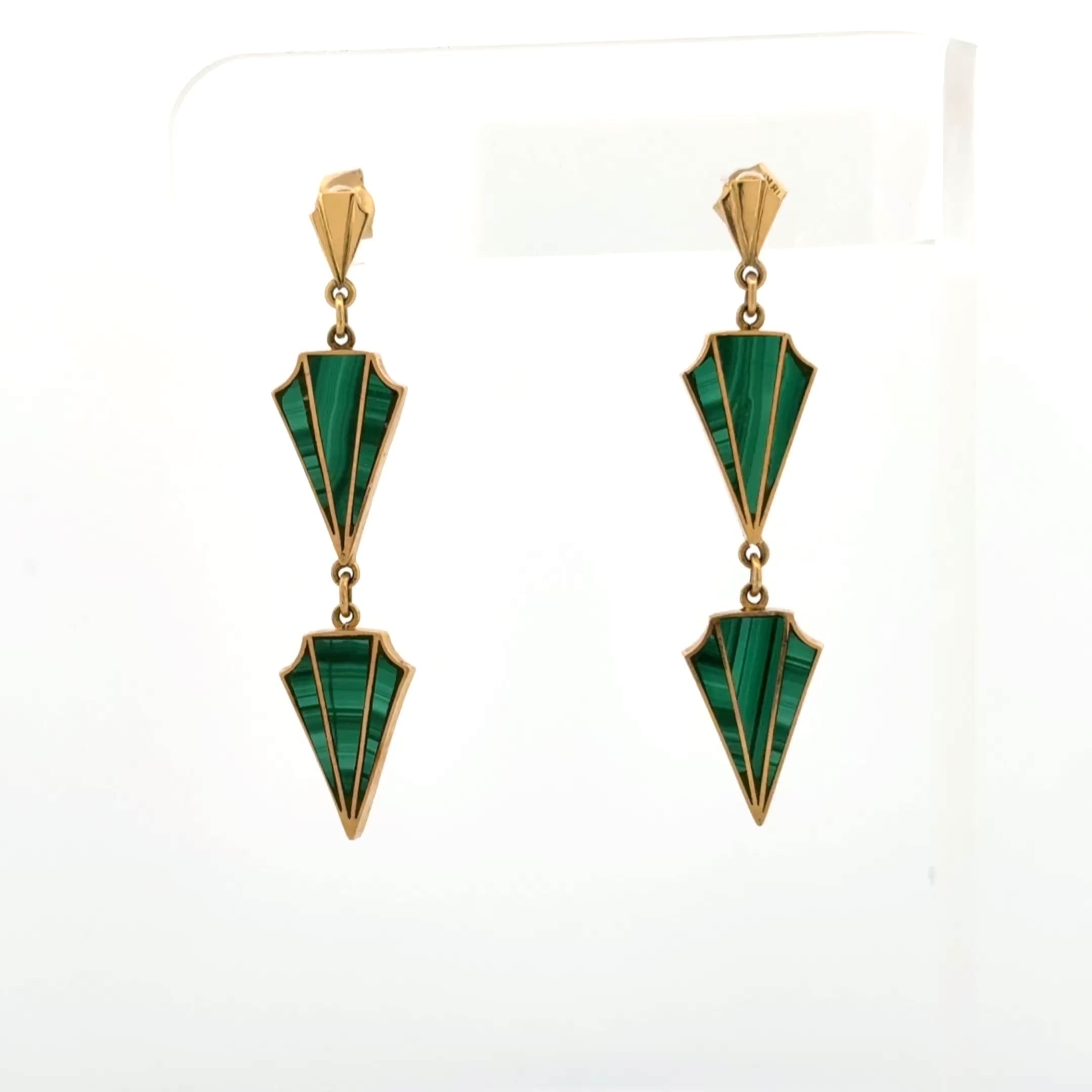 Vintage Art Deco Revival Malachite Drop Earrings 18k Yellow Gold, 1970s