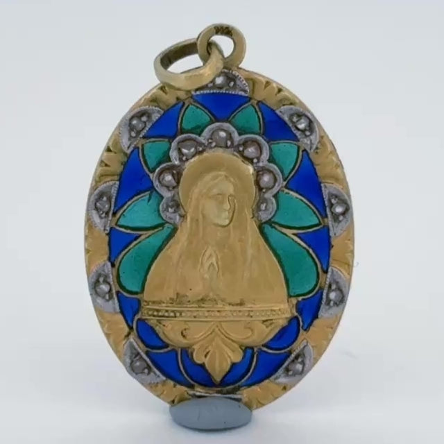 Antique Plique-a-Jour Virgin Mary Madonna Medal Pendant 18k Yellow Gold