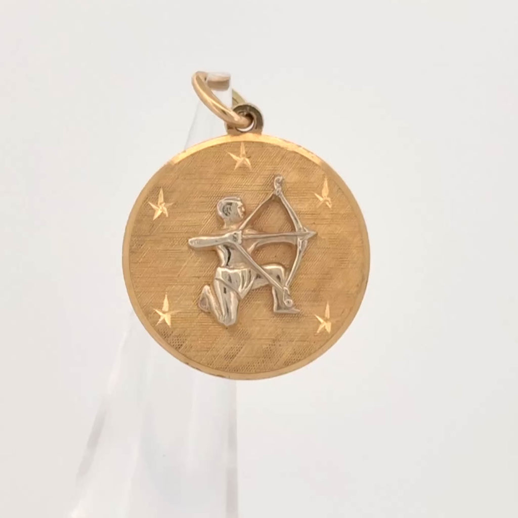 Vintage Sagittarius Zodiac Pendant 14k Gold - David E Trabich - High Relief