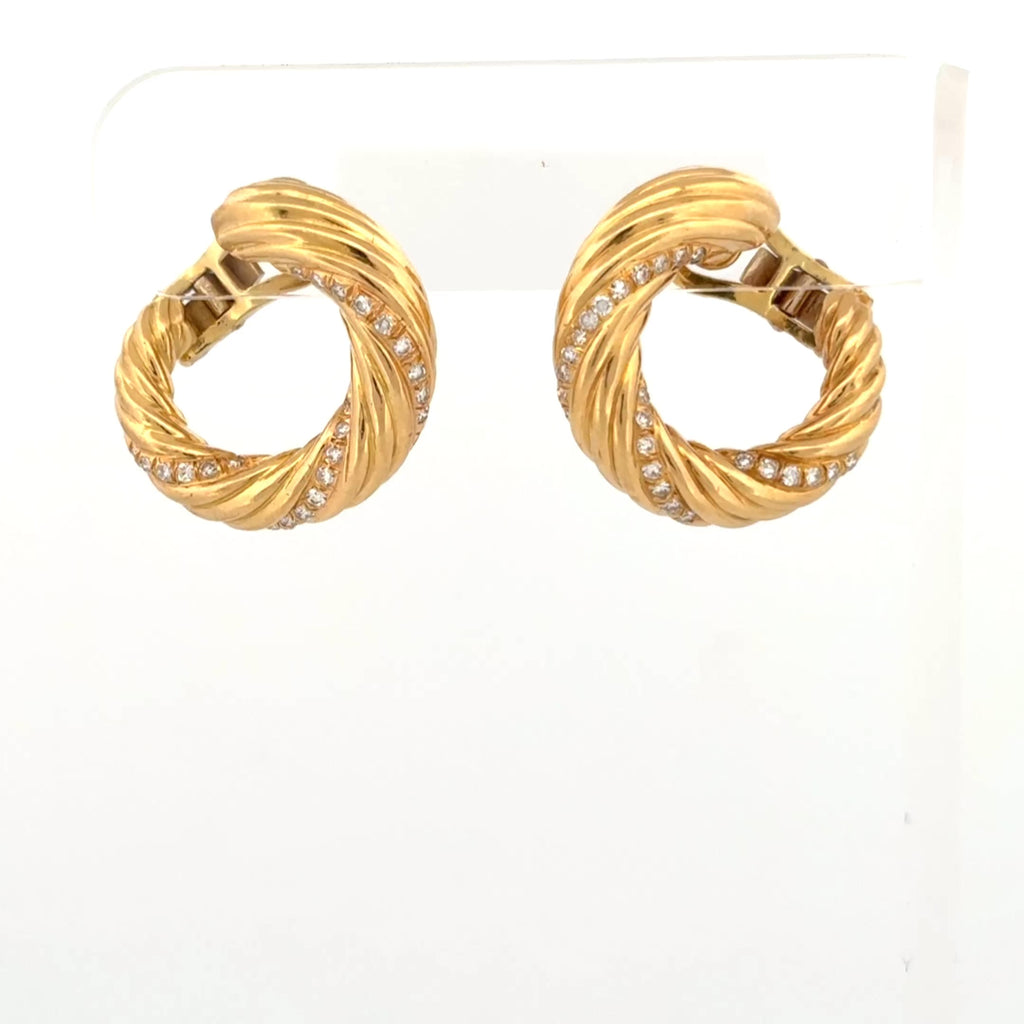 Vintage Diamond Ribbed Hoop 18k Yellow Gold Earrings - 1"