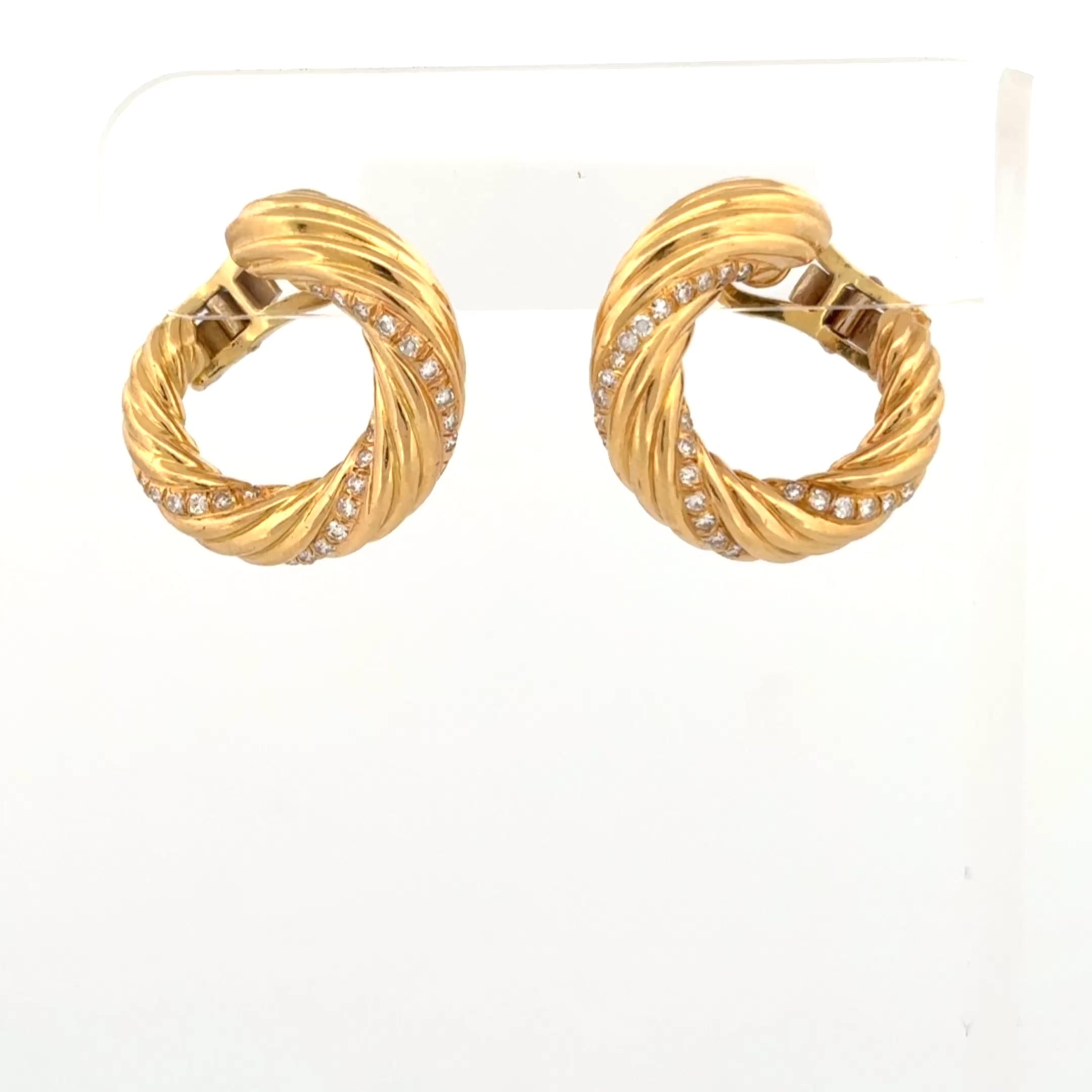 Vintage Diamond Ribbed Hoop 18k Yellow Gold Earrings - 1"