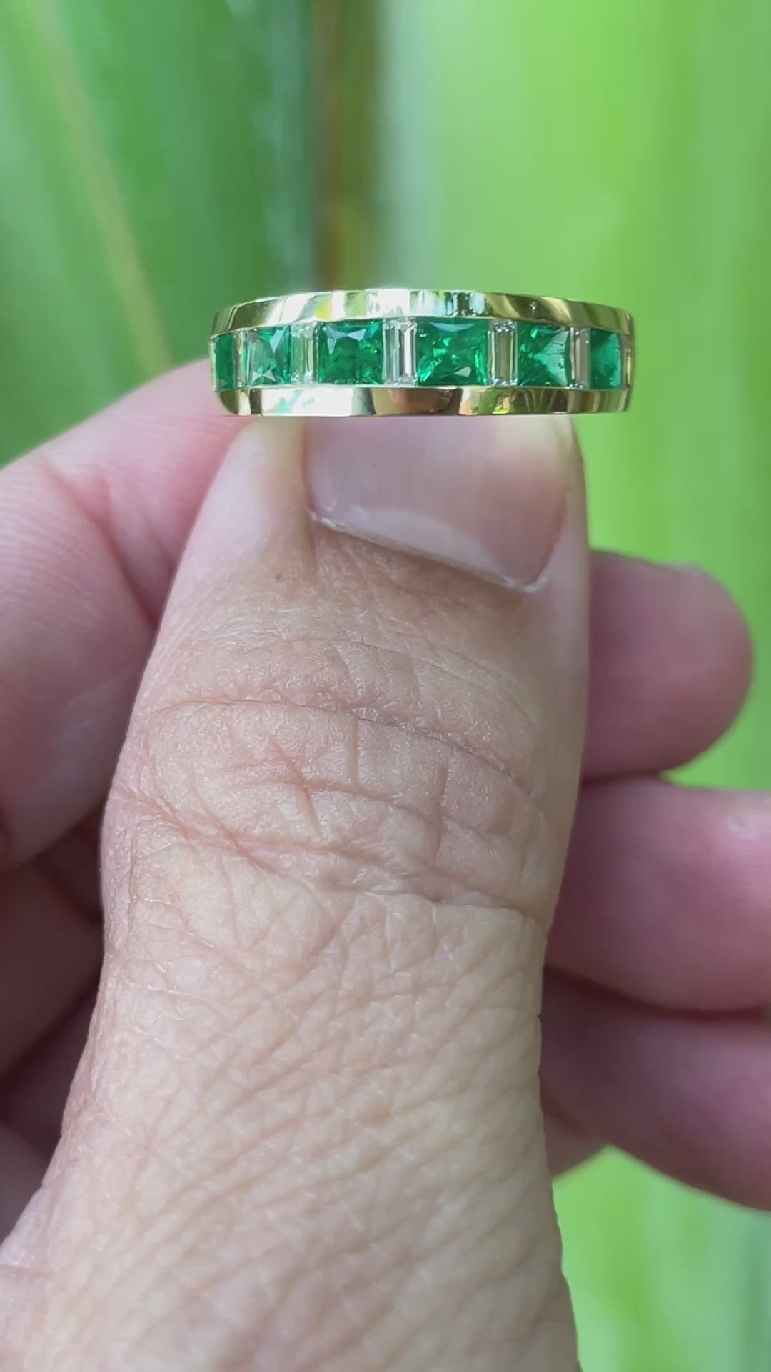 Estate French-Cut Emerald & Diamond Baguette 18k Yellow Gold Band