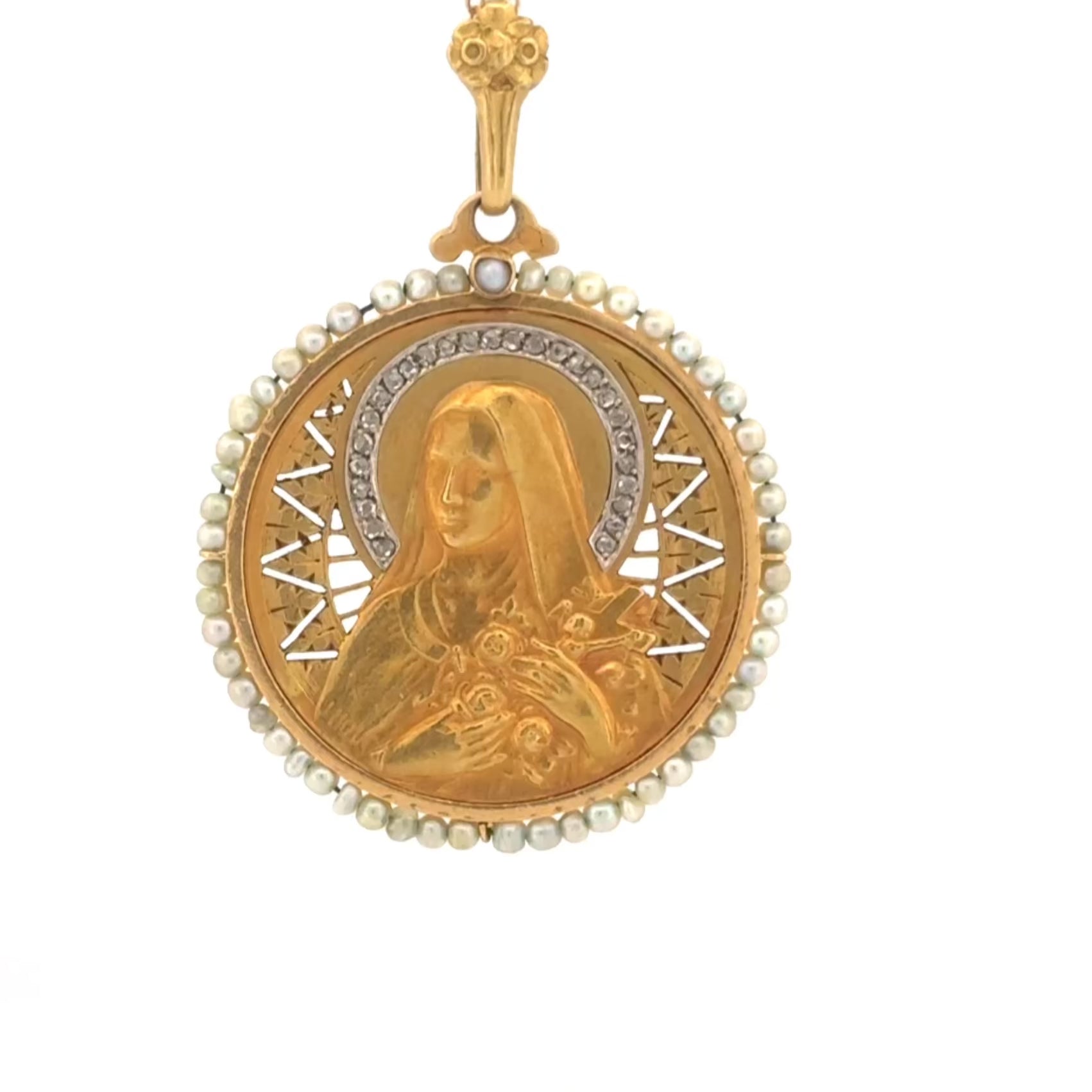 Vintage St. Thérèse of Lisieux 18K Solid Gold Medal, Diamond Halo & Seed Pearls
