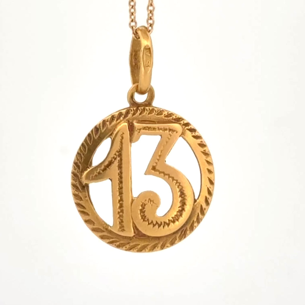 Vintage Italian 18K Yellow Gold Lucky 13 Openwork Pendant, Circa 1940