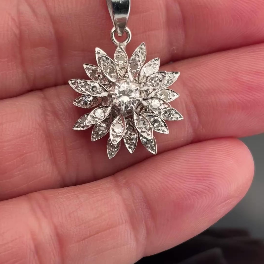 Vintage 14K White Gold Diamond Starburst Flower Pendant, 0.97ctw, Circa 1960s