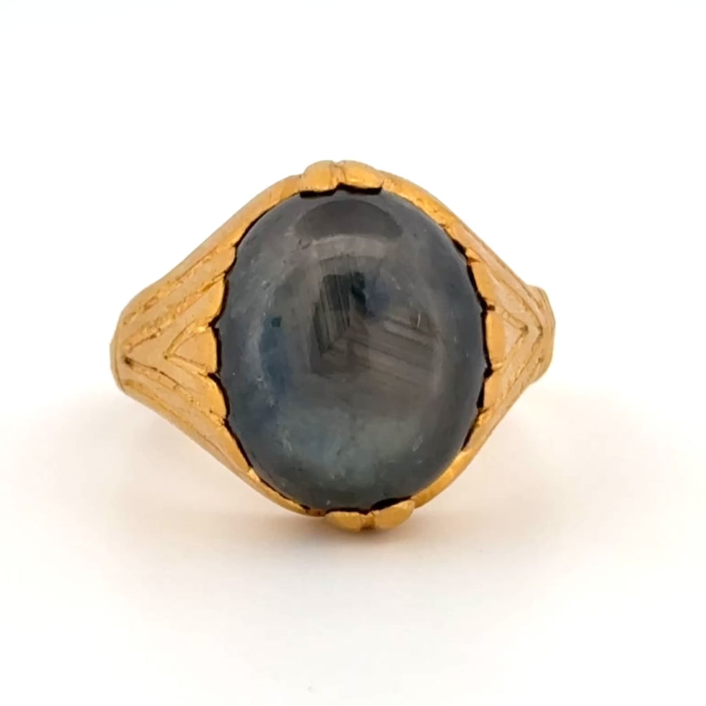 Unheated 13.65 Carat Sapphire Ring in Hand-Carved 23.6K Gold, Unisex