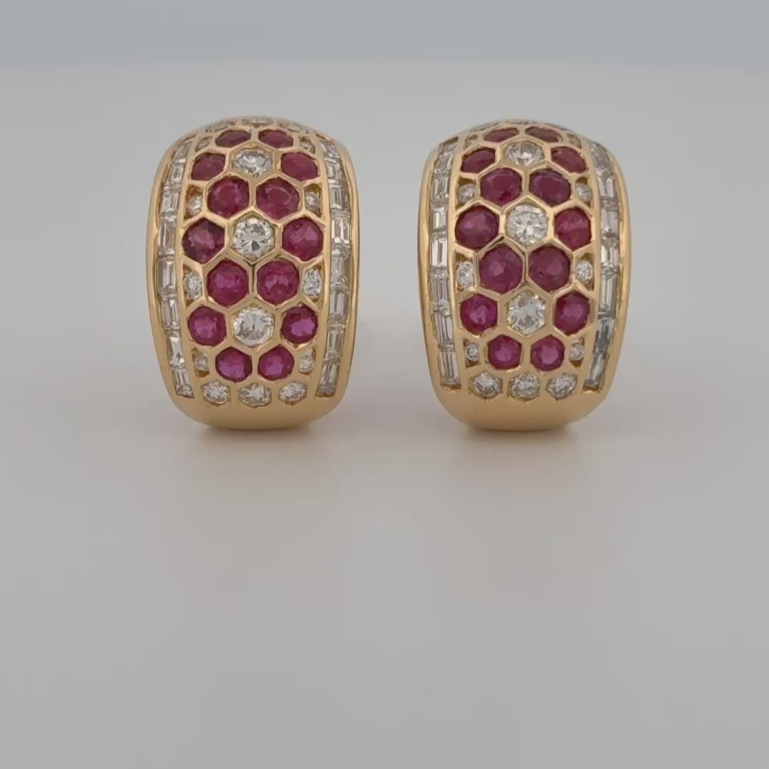 Ruby & Diamond 18k Yellow Gold Honeycomb Hoop Earrings 3.75ctw