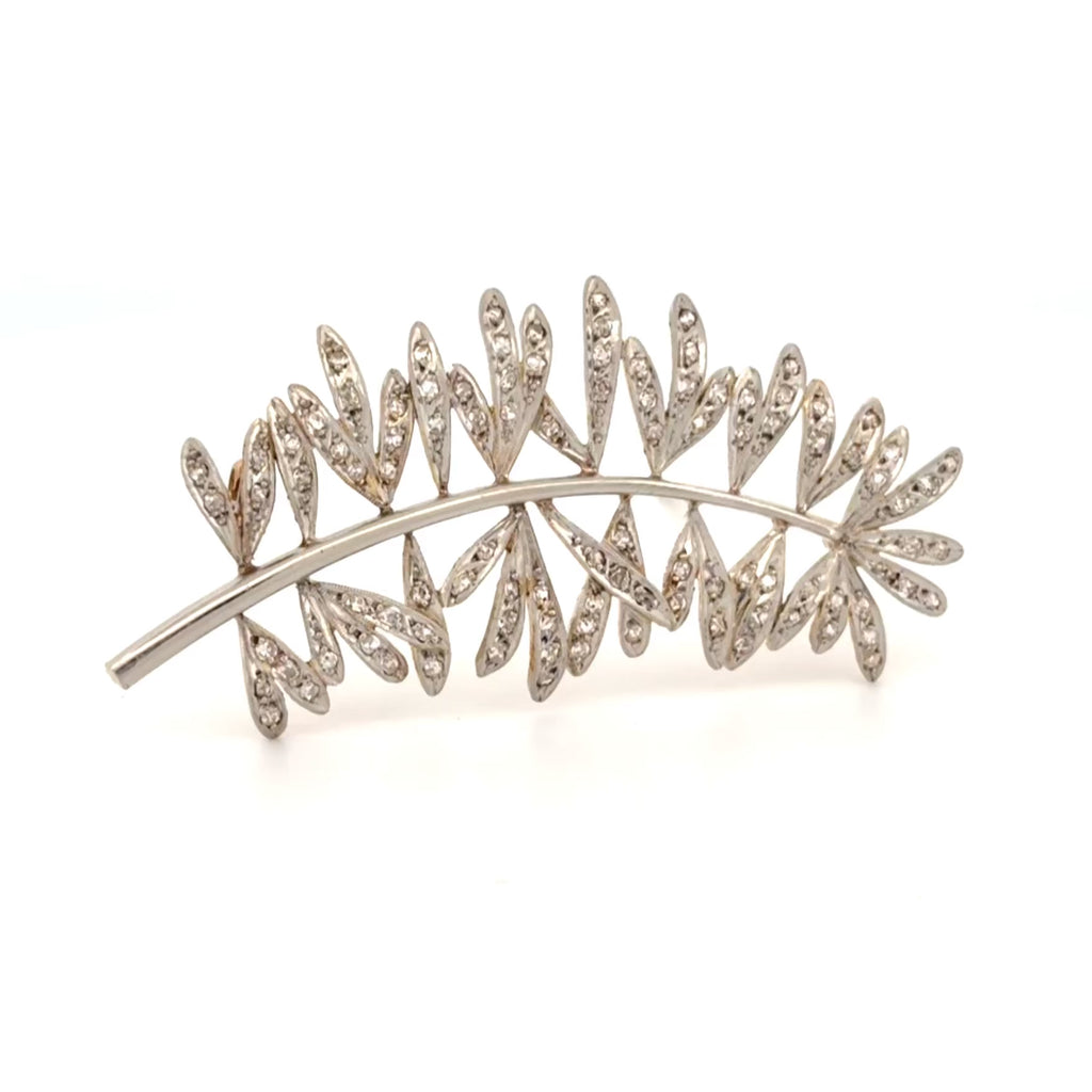 Antique Fern Spray Brooch, Platinum-Topped 18K Gold, Rose Cut Diamonds, Edwardia