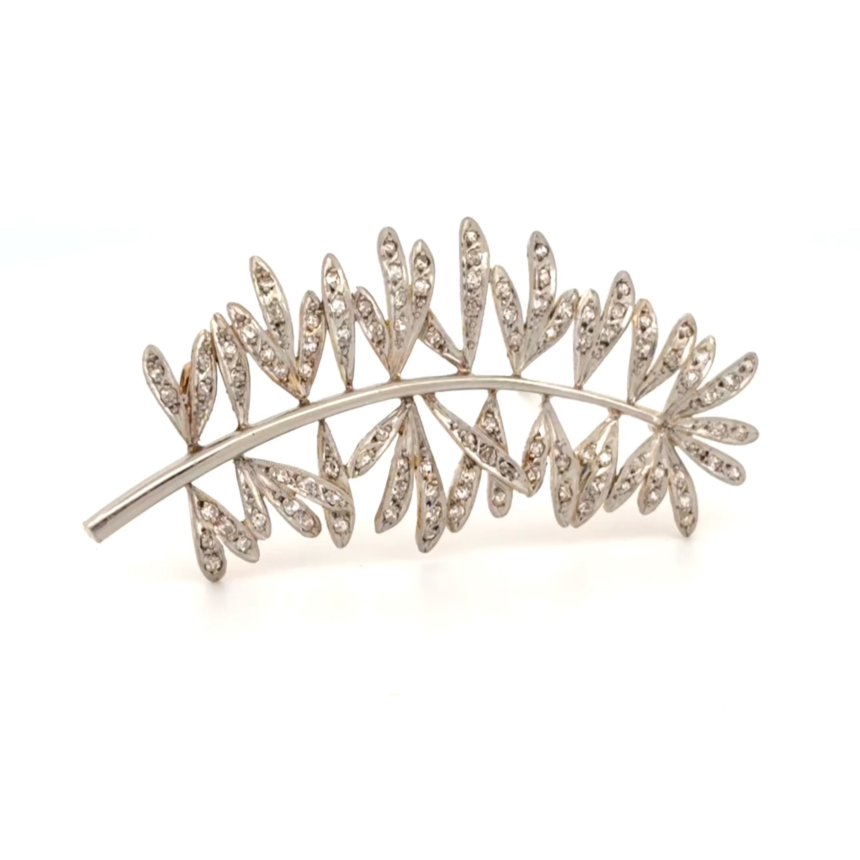 Antique Fern Spray Brooch, Platinum-Topped 18K Gold, Rose Cut Diamonds, Edwardia