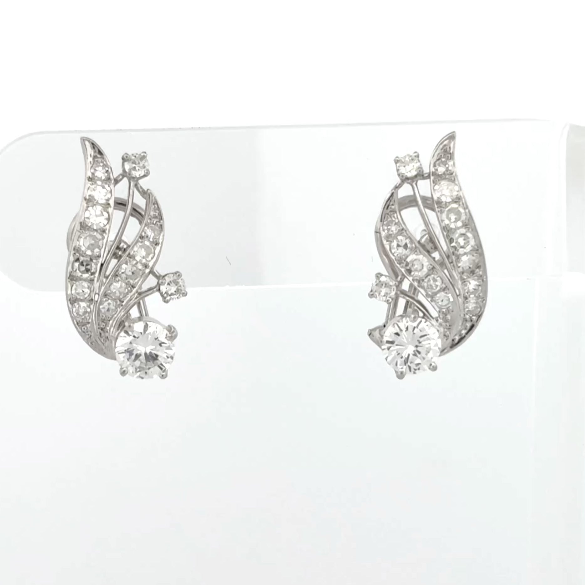 Vintage Mid-Century 14K White Gold Diamond Spray Earrings, ~2.30ctw