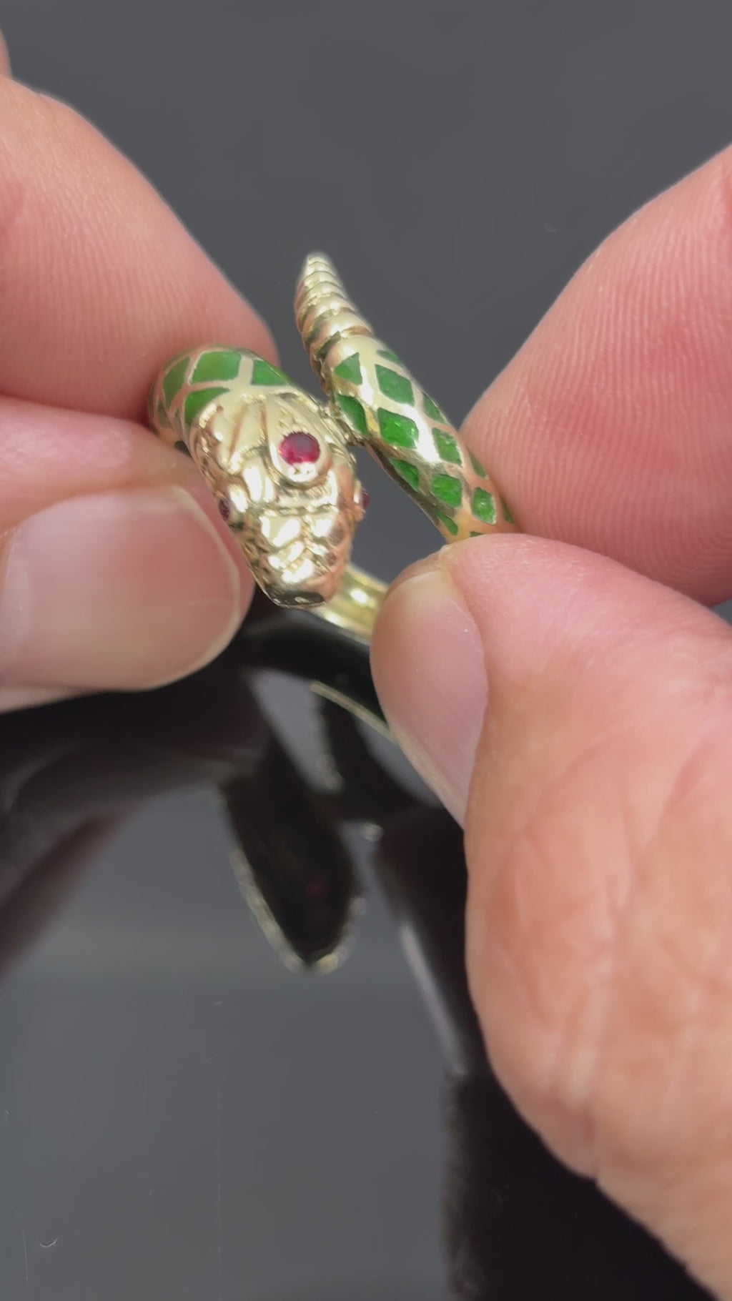 Vintage Snake Ring with Ruby Eyes in Green Enamel & 14k Yellow Gold - Size 7.75