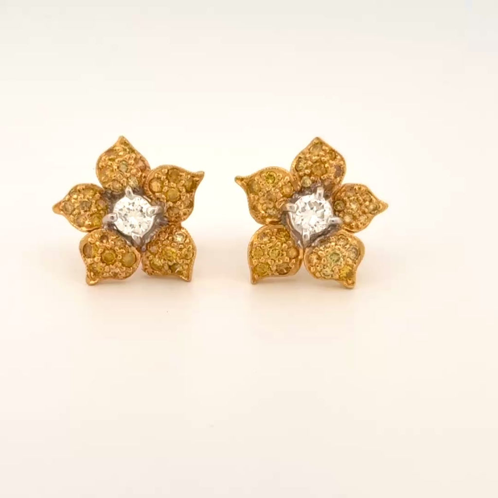 Estate Yellow & White Diamond Flower Stud Earrings 18k Yellow Gold