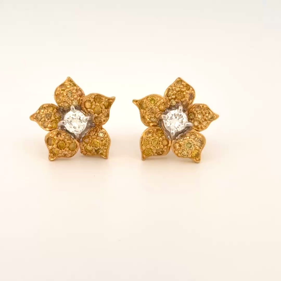 Estate Yellow & White Diamond Flower Stud Earrings 18k Yellow Gold