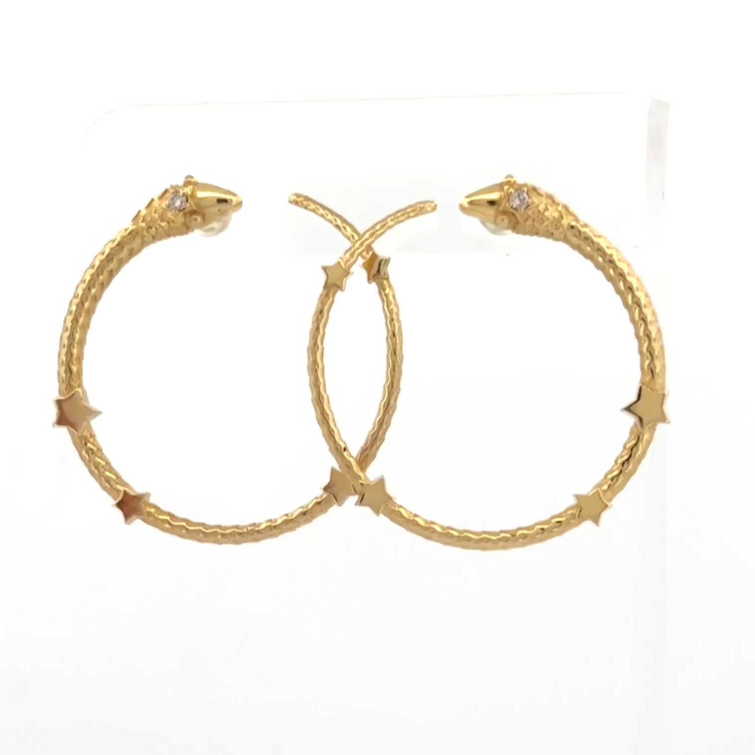Vintage Serpant & Stars Hoop Earrings 18k Yellow Gold & Diamond, 1.5"
