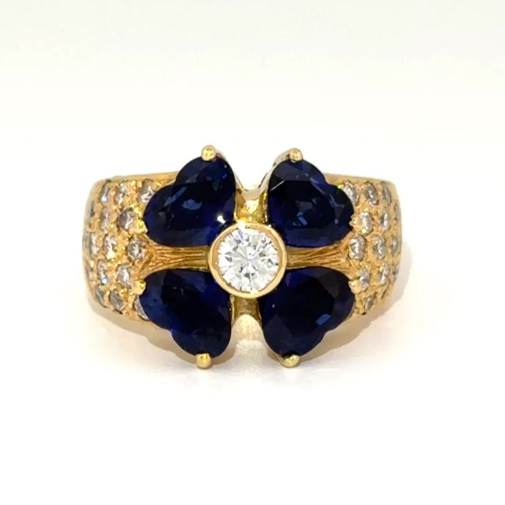 Estate Heart Blue Sapphire & Diamond Ring 18k Gold, 4.29ctw