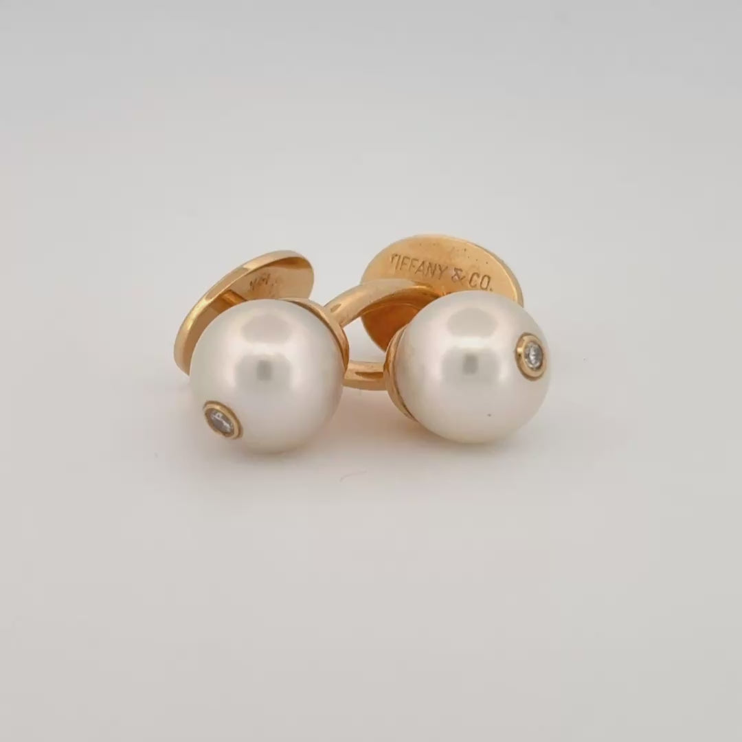 Vintage Tiffany & Co Akoya Pearl Cufflinks w/ Diamond Accent - 14k Yellow Gold