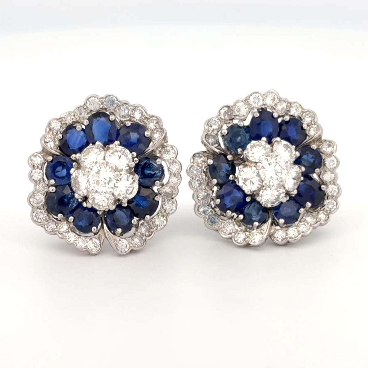 Platinum Sapphire and Diamond Camellia Flower Cluster Earrings, 13.00 CTW
