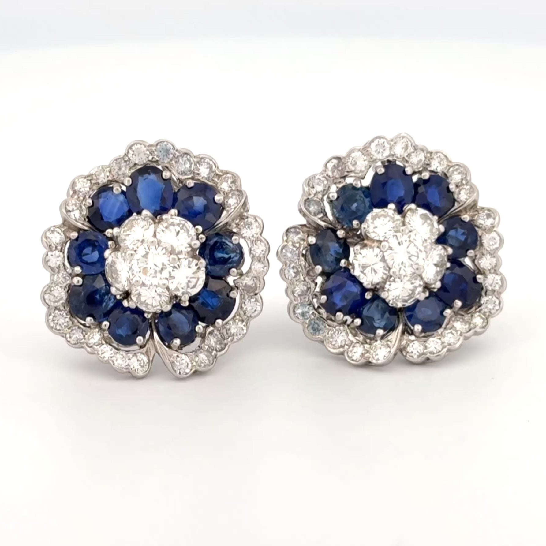 Platinum Sapphire and Diamond Camellia Flower Cluster Earrings, 13.00 CTW
