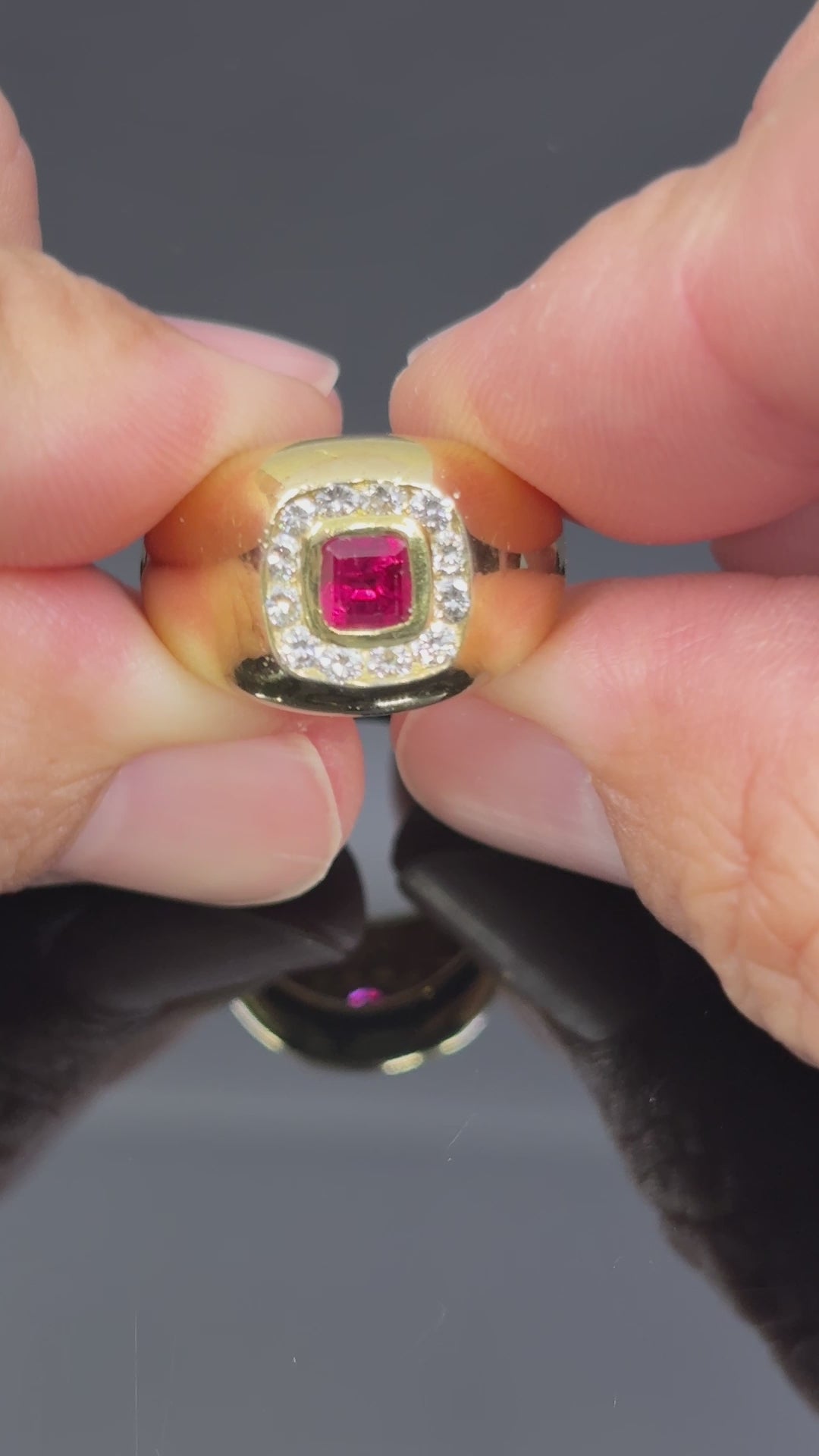 Vintage Cushion Ruby & Diamond Bombe Ring in 18k Yellow Gold - GIA