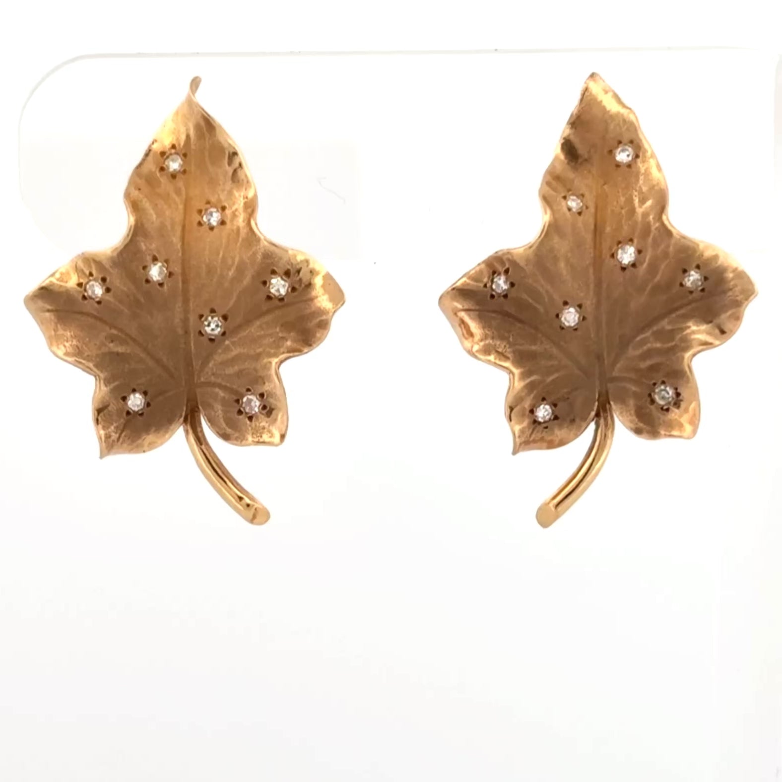 Vintage 1940s Diamond-Studded Leaf Earrings 14k Gold