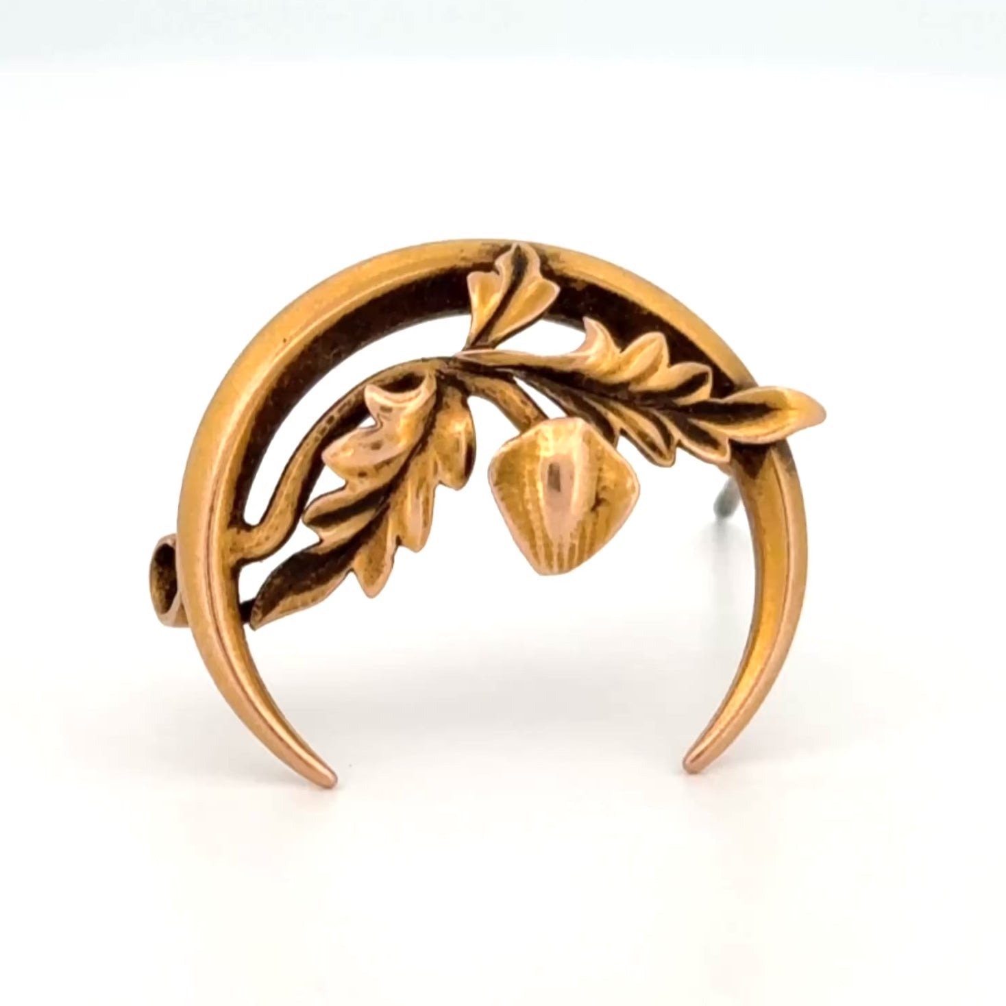 Antique Victorian Crescent Moon & Oak Leaf 14k Gold Pin
