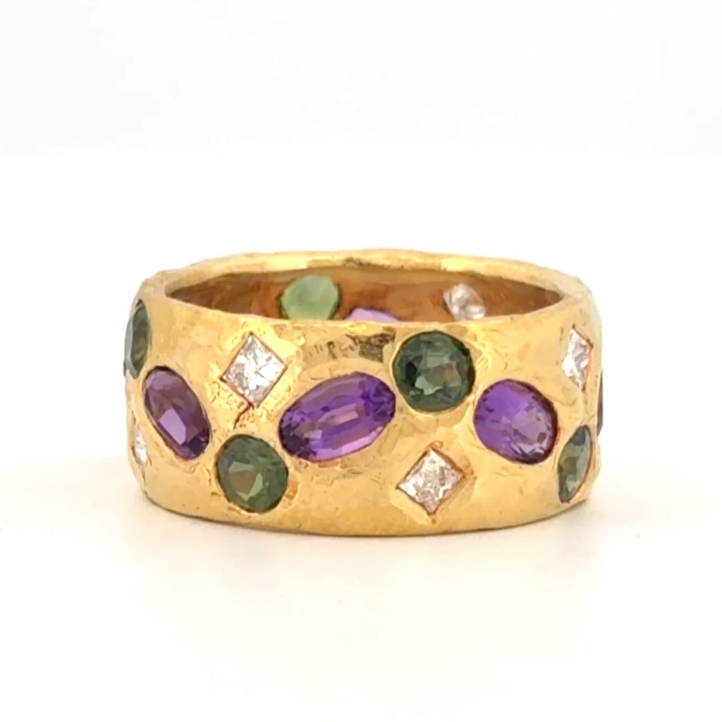 22K Yellow Gold Hammered Band Ring with Diamonds, Green Sapphires & Amethyst