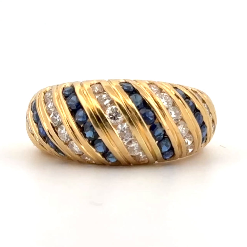 Vintage 1970's Sapphire & Diamond Low Dome Band 18k Yellow Gold