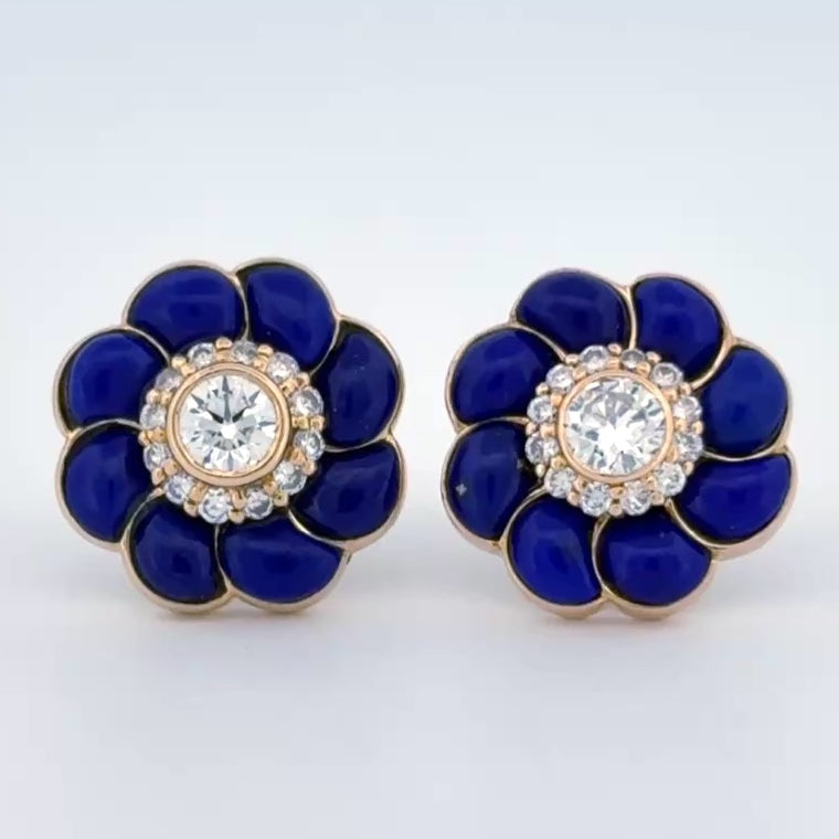 Diamond & Lapis Flower Stud Earrings 18k Yellow Gold