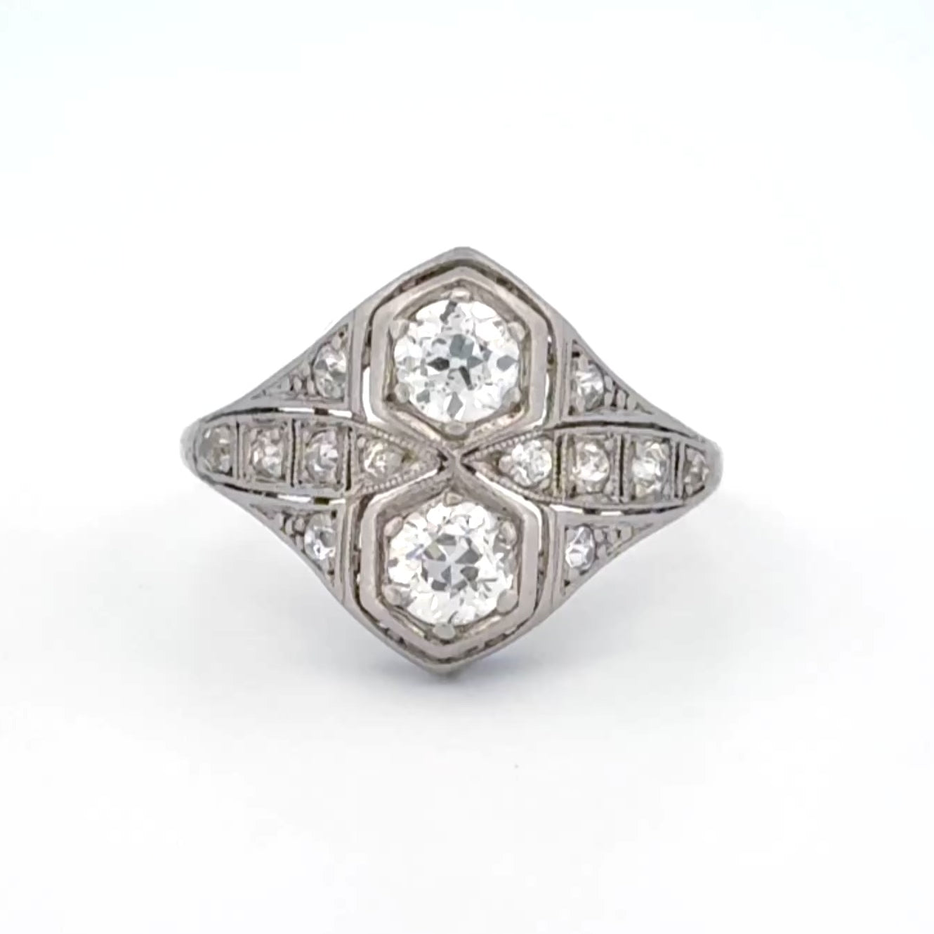 Antique Art Deco European Cut Diamond Platinum Toi et Moi Ring