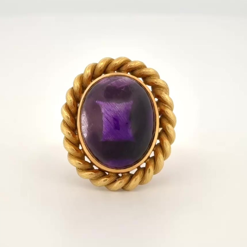 Vintage Mid-Century Amethyst Rope Motif Ring in 18k Yellow Gold