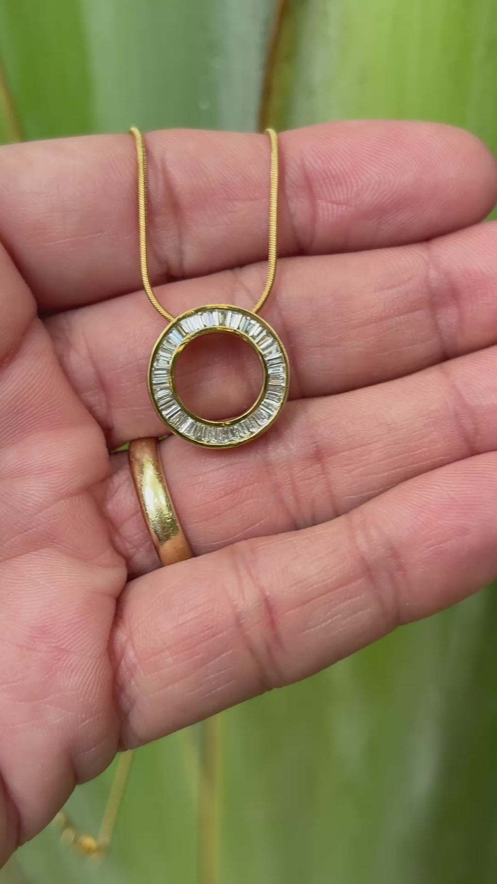 Estate Diamond Baguette Circle Pendant Necklace 18k Gold 1.50ctw
