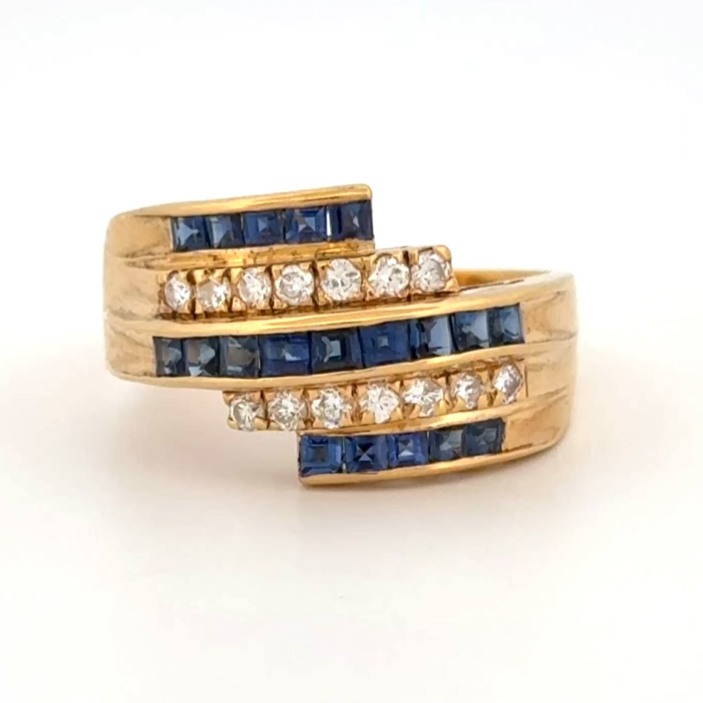 Estate Blue Sapphire & Diamond 5 Row Bypass Ring 18k Yellow Gold, 1.16ctw