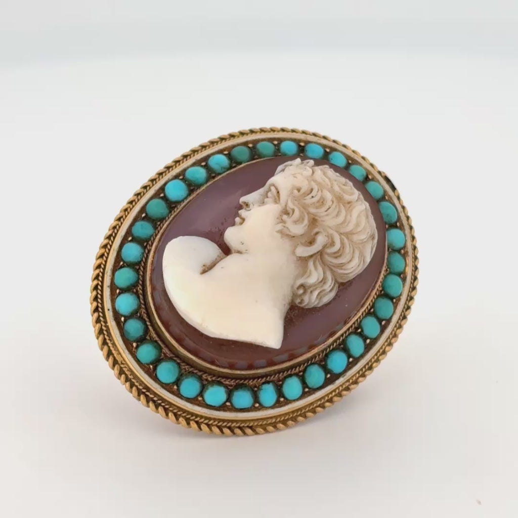 Antique Victorian Hardstone Cameo Brooch 14k Gold w/ Turquoise