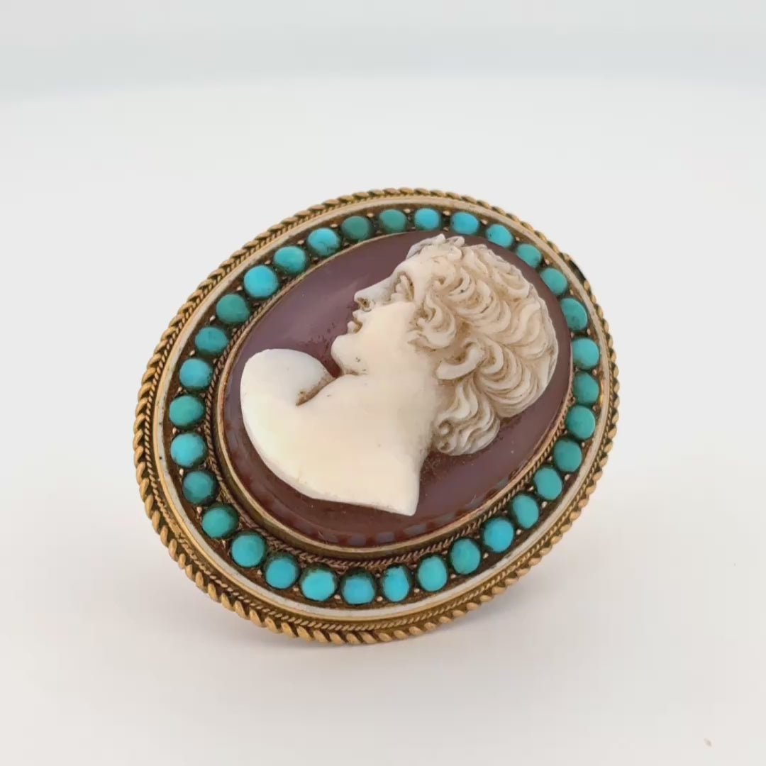 Antique Victorian Hardstone Cameo Brooch 14k Gold w/ Turquoise