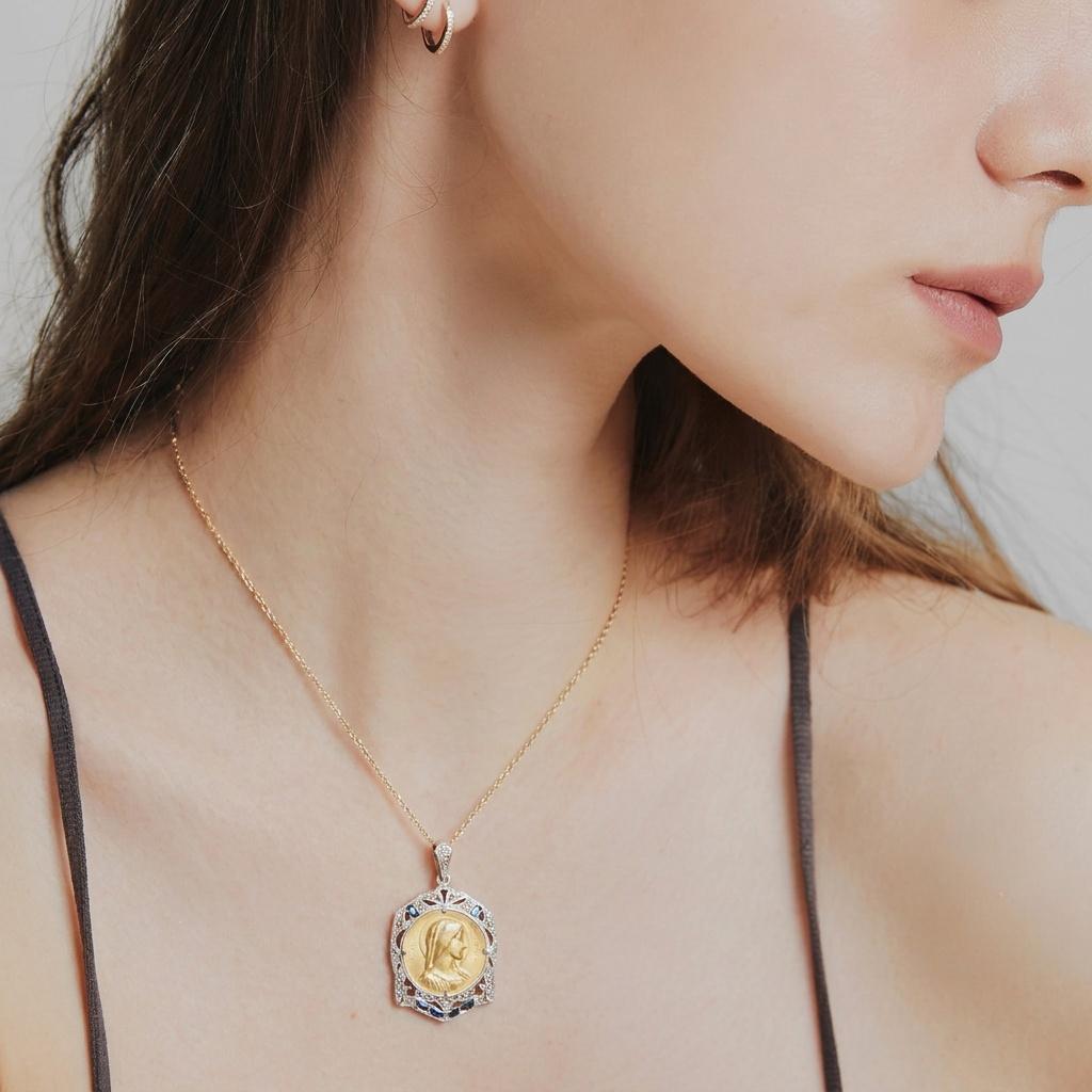 Art Deco Virgin Mary Mystic Rose Medal Pendant Platinum-Topped 18k Gold
