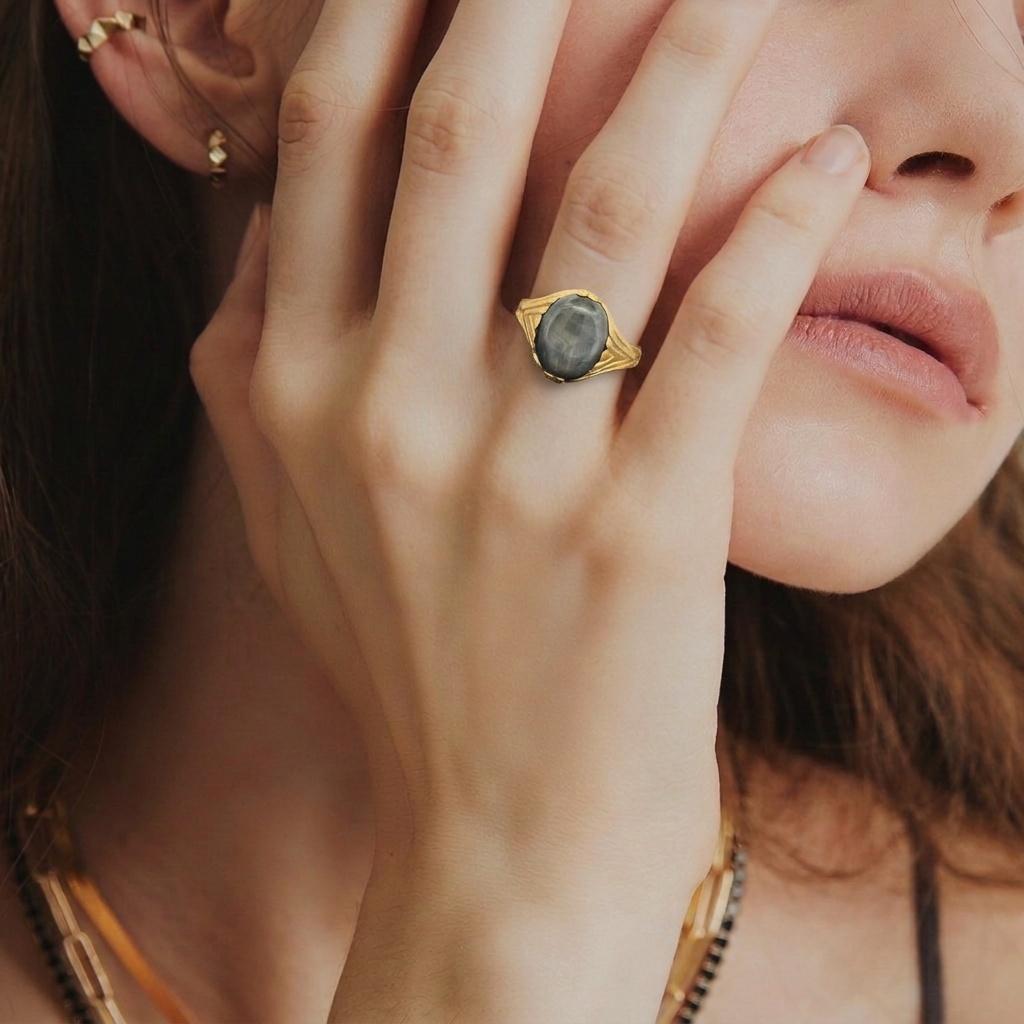 Unheated 13.65 Carat Sapphire Ring in Hand-Carved 23.6K Gold, Unisex