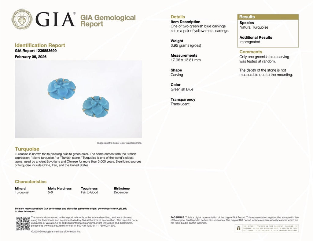 Estate Fine Turquoise Carving Earrings 18k w/ GIA Report