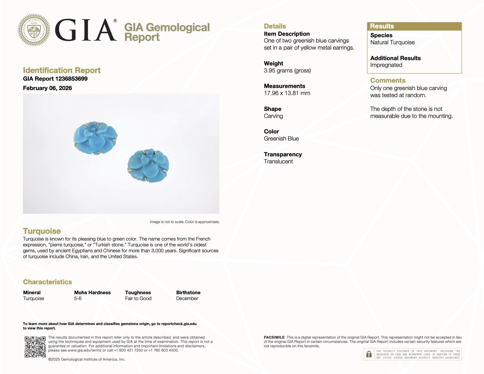 Estate Fine Turquoise Carving Earrings 18k w/ GIA Report